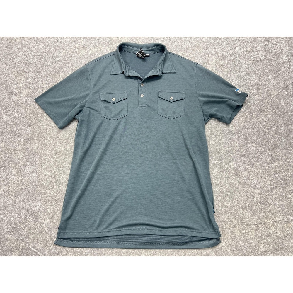 Kuhl Polo Shirt Mens Medium Blue Performance Short Sleeve Outdoor Pockets Hiking
